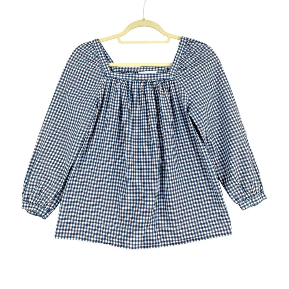 J. Crew Gingham Square Neck Long Sleeve‎ Peasant Blouse Size 2 Blue White